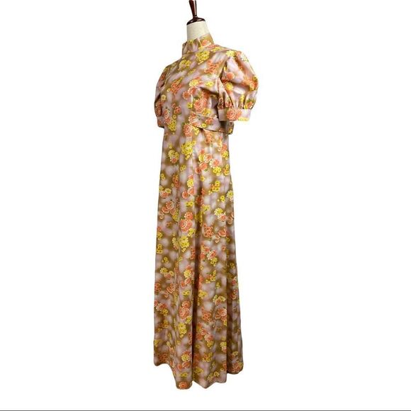 Vintage 60s Daisy Floral Puff Sleeve Mock Neck Bow Waist Belt Maxi Dress - Picture 6 of 10